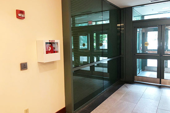 photo of AED location - Lefavour Hall, Main Lobby near entrance to Avenue Louis Pasteur