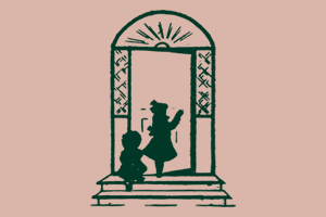 Line drawing of children walking up steps to doorway. Elizabeth Peabody House logo.