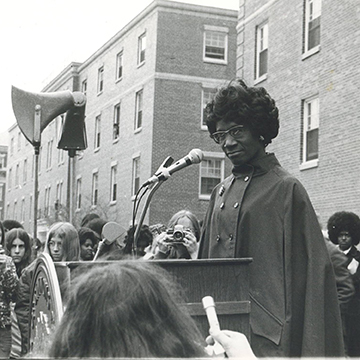 Shirley Chisholm speaking at Simmons in 1977.
