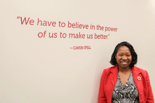 Headshot of Donna Stewartson with Gwen Ifill quote, "We have to believe in the power of us to make us better."