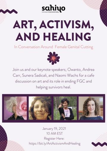 Event poster for Sahiyo's January 19th event, "Art, Activism & Healing"
