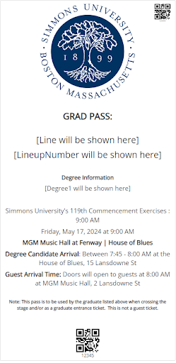 A sample GradPass student ticket for Commencement line-up