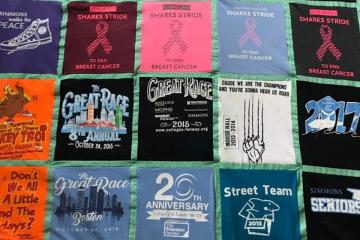 A quilt Bethanie made from t-shirts she acquired during her time at Simmons.