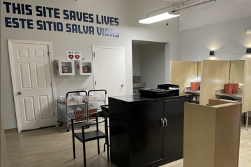 The waiting room of an overdose prevention center in New York City