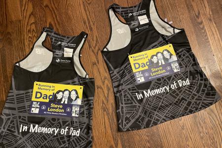 The bibs worn by the London sisters for the 2023 Boston Marathon, with the phrase "Im Memory of Dad" imprinted on them.