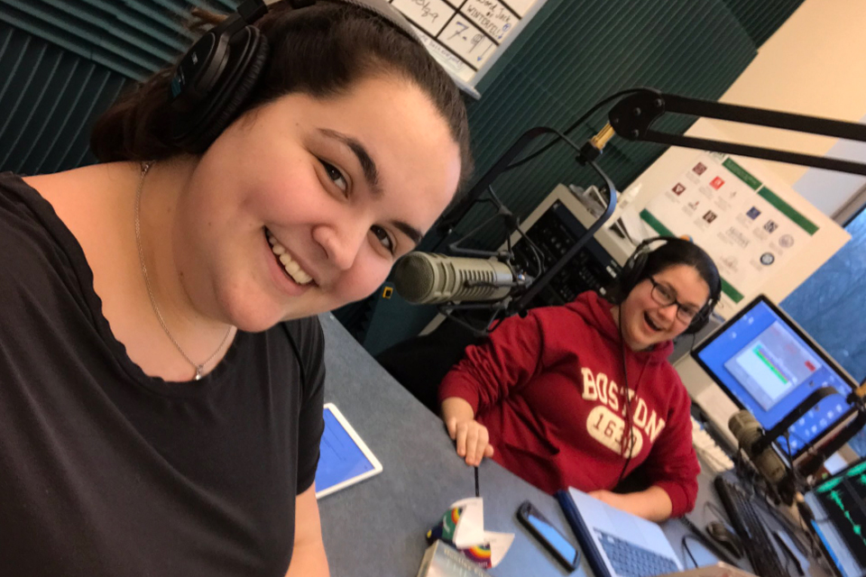 Caroline Mahoney and friend producing radio show.