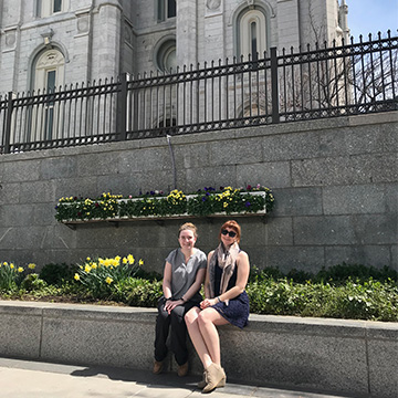 Patty Williams '20 and Katie Lawson '20 in front of the Salt Lake Temple.
