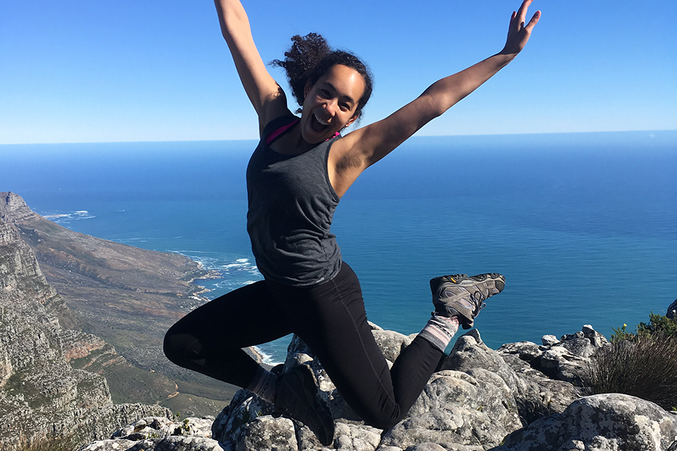 Sunnie Hodge jumping on Table Mountain