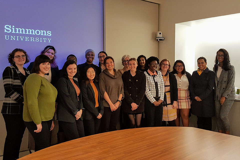 Simmons University students from The Gwen Ifill College of Media, Arts, and Humanities attend a workshop with Anica Butler from the *Boston Globe *in the Knight Foundation Board Room ahead of the Ifill Forum on Oct. 19, 2019.