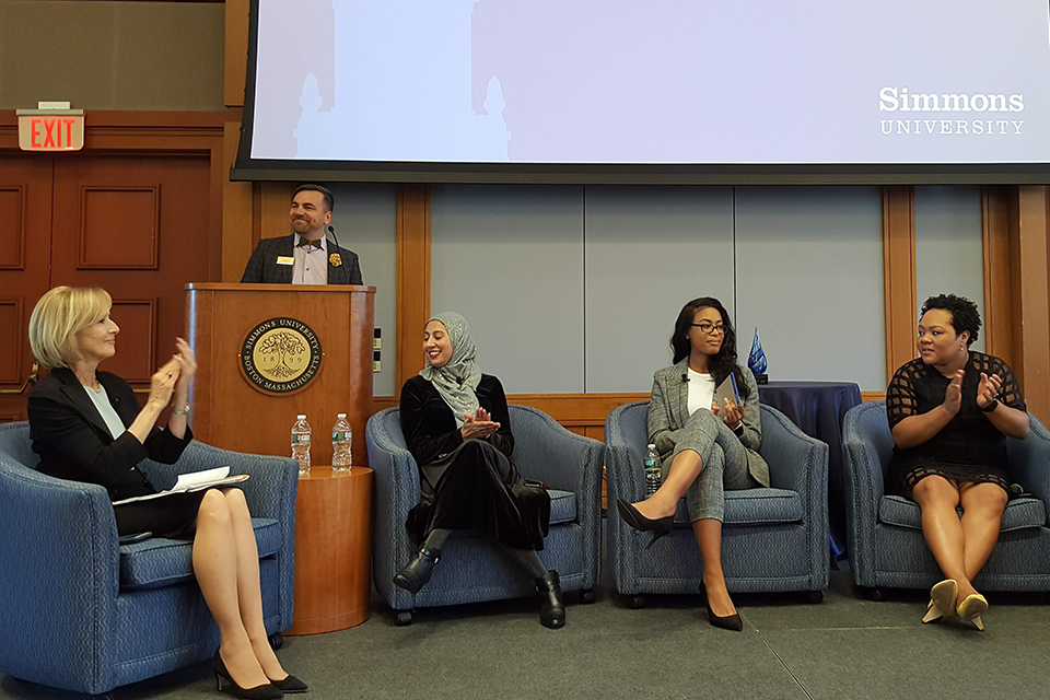 Judy Woodruff, Dean Brian Norman, Asma Khalid, Maya Valentine and Yamiche Alcindor onstage during the Ifill Forum.