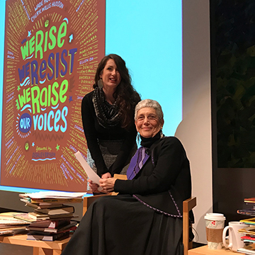 Eliza Brown with the late Simmons professor Susan Bloom presenting the best books of the year list in 2018