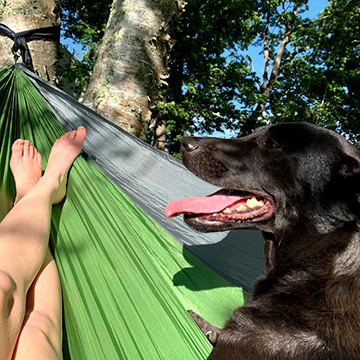 Grace Gile relaxing in a hammock with her dog.