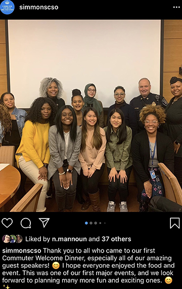 Instagram post from @SimmonsCSO: "Thank you to all who came to our first Commuter Welcome Dinner, especially all of our amazing guest speakers! I hope everyone enjoyed the food and event. This was one of our first major events, and we looks forward to planning many more fun and exciting ones."