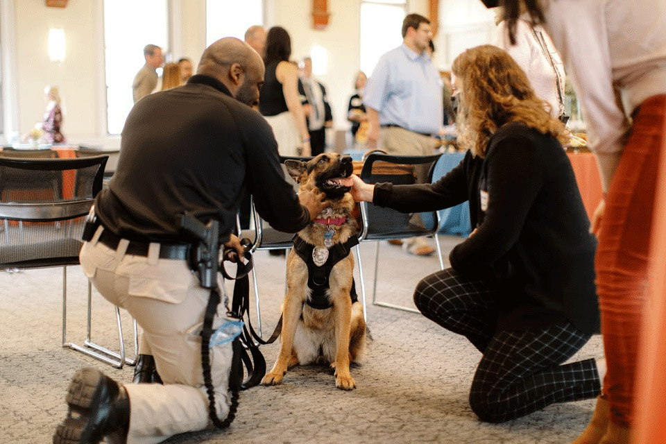 Athena, the Simmons Police comfort dog, giving love and affection while on the job