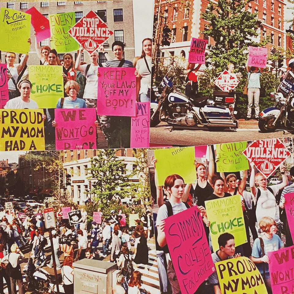 Collage of photos of Simmons students protesting