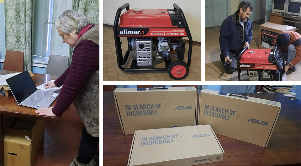 Staff at the Staff Archive of Kherson, Ukraine, unboxing laptops donated by SUCHO and a much-needed generator donated by the Museum Karlshorst in Berlin, December 2022