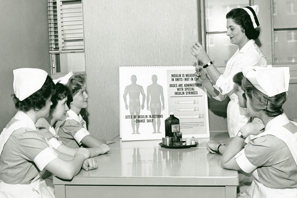 Unidentified nursing students posed during a lecture on insulin injections.