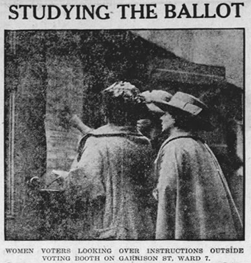 Newspaper clipping showing women voters with headline STUDYING THE BALLOT