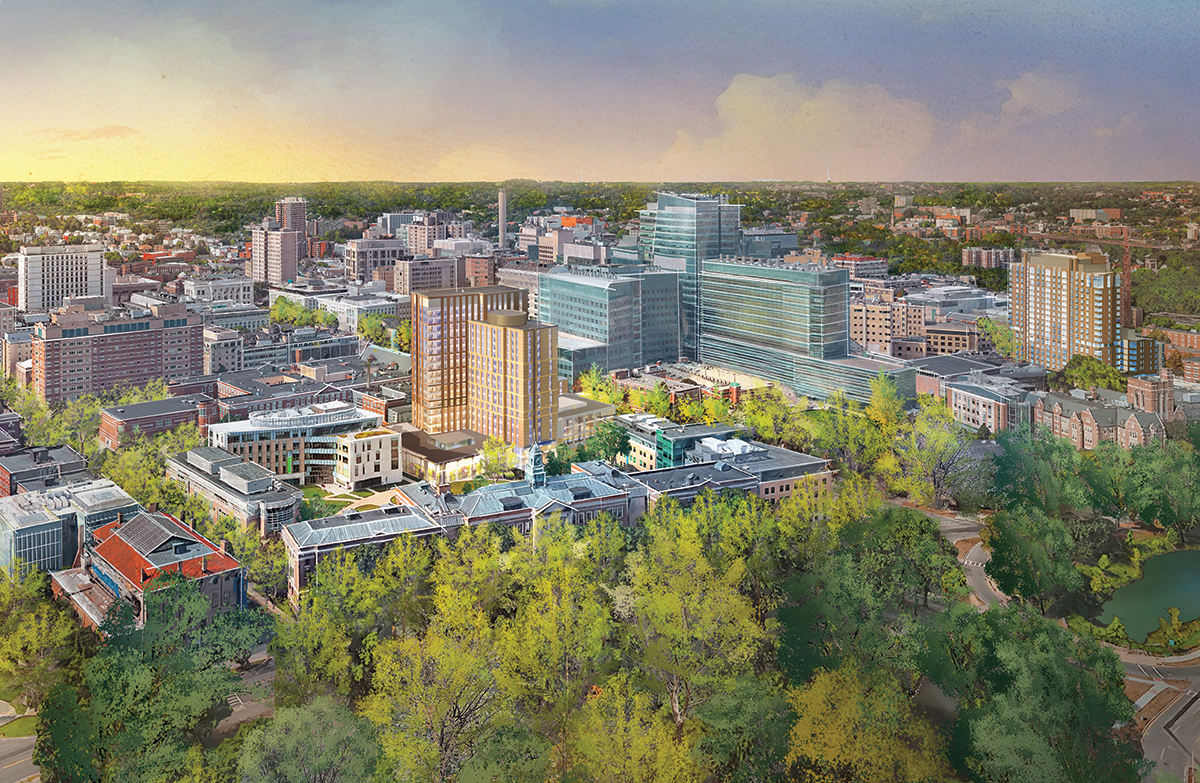 Artist rendering of an aerial view of the Simmons campus with the new Living and Learning Center