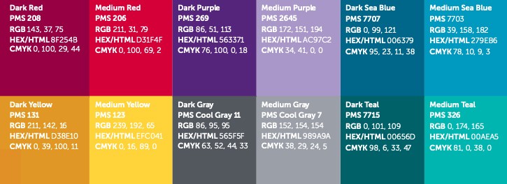 A range of accent colors approved for use in Simmons University communication materials