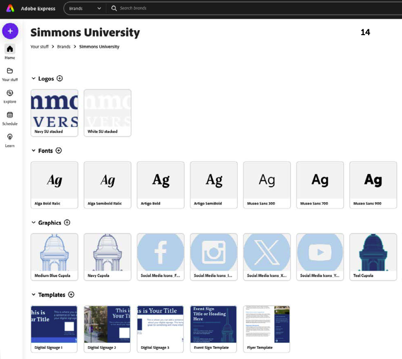 The Adobe Express dashboard with Simmons brand design templates