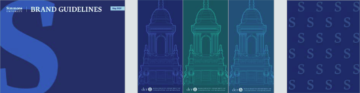 Examples of Simmons graphic elements as used in print pieces.