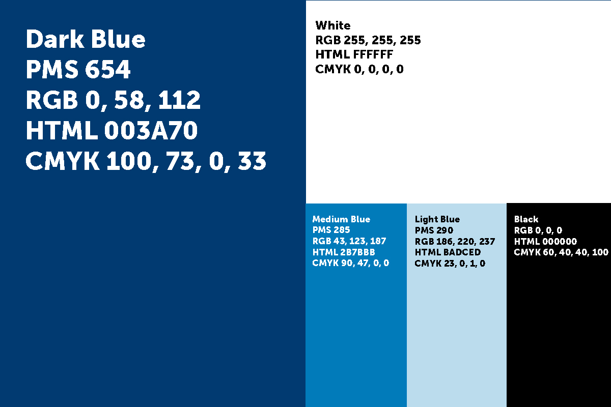 The four primary brand colors for Simmons University: Dark Blue, White, Medium Blue, Light Blue, and Black
