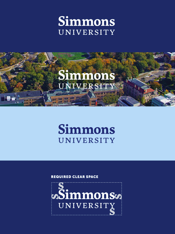 Samples of the Simmons University logo used over colored backgrounds and over photos.