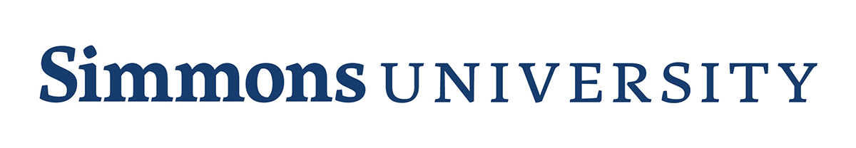 Simmons University logo, horizontal version, blue on white background