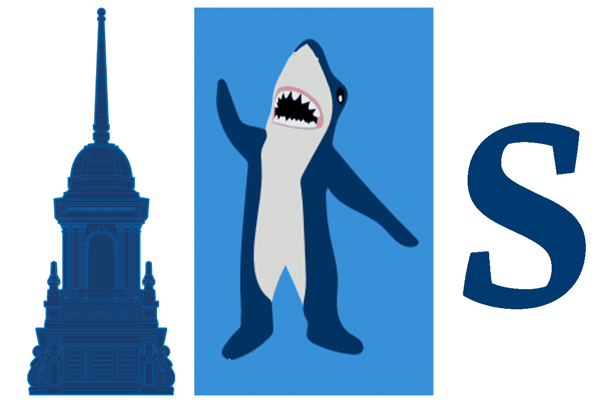 The three graphic elements used to identify the Simmons brand: the cupola, Stormy the Shark, and the large S