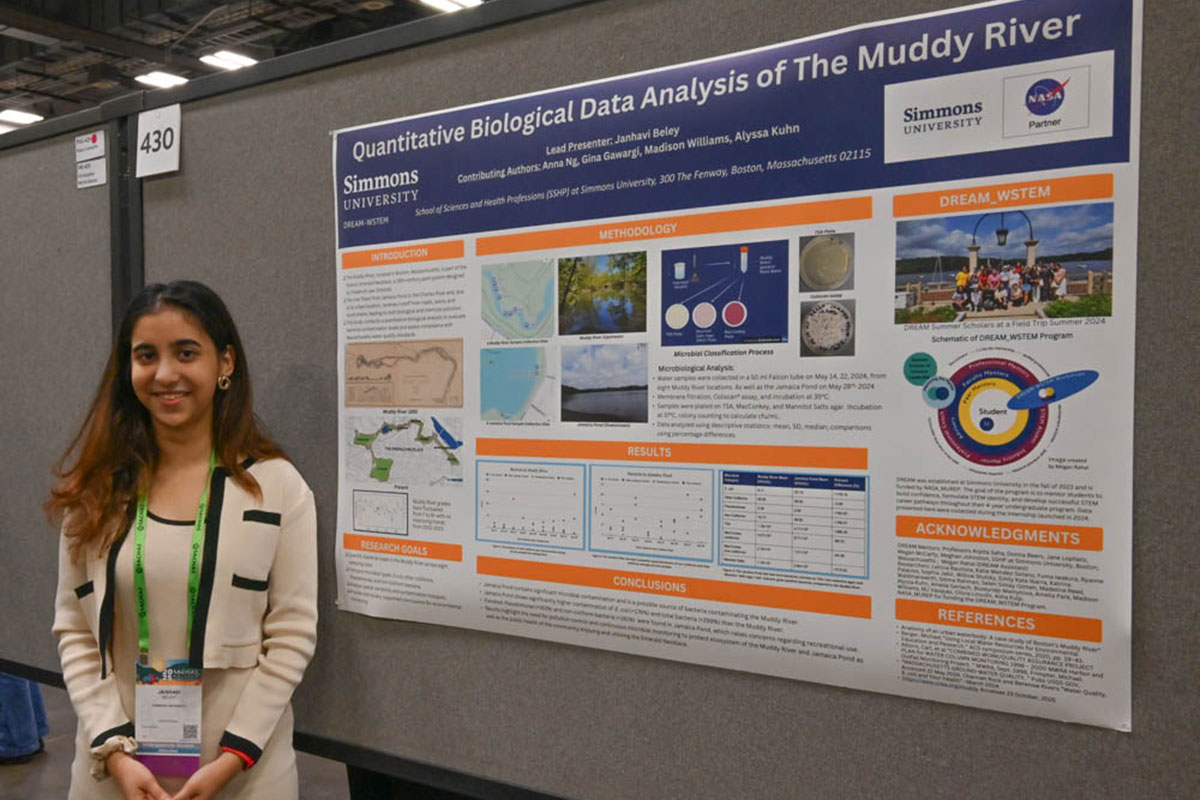 Janhavi Beley ’27 with her poster from the Society for Advancement of Chicanos/Hispanics & Native Americans in Science (SACNAS) National Diversity in STEM conference