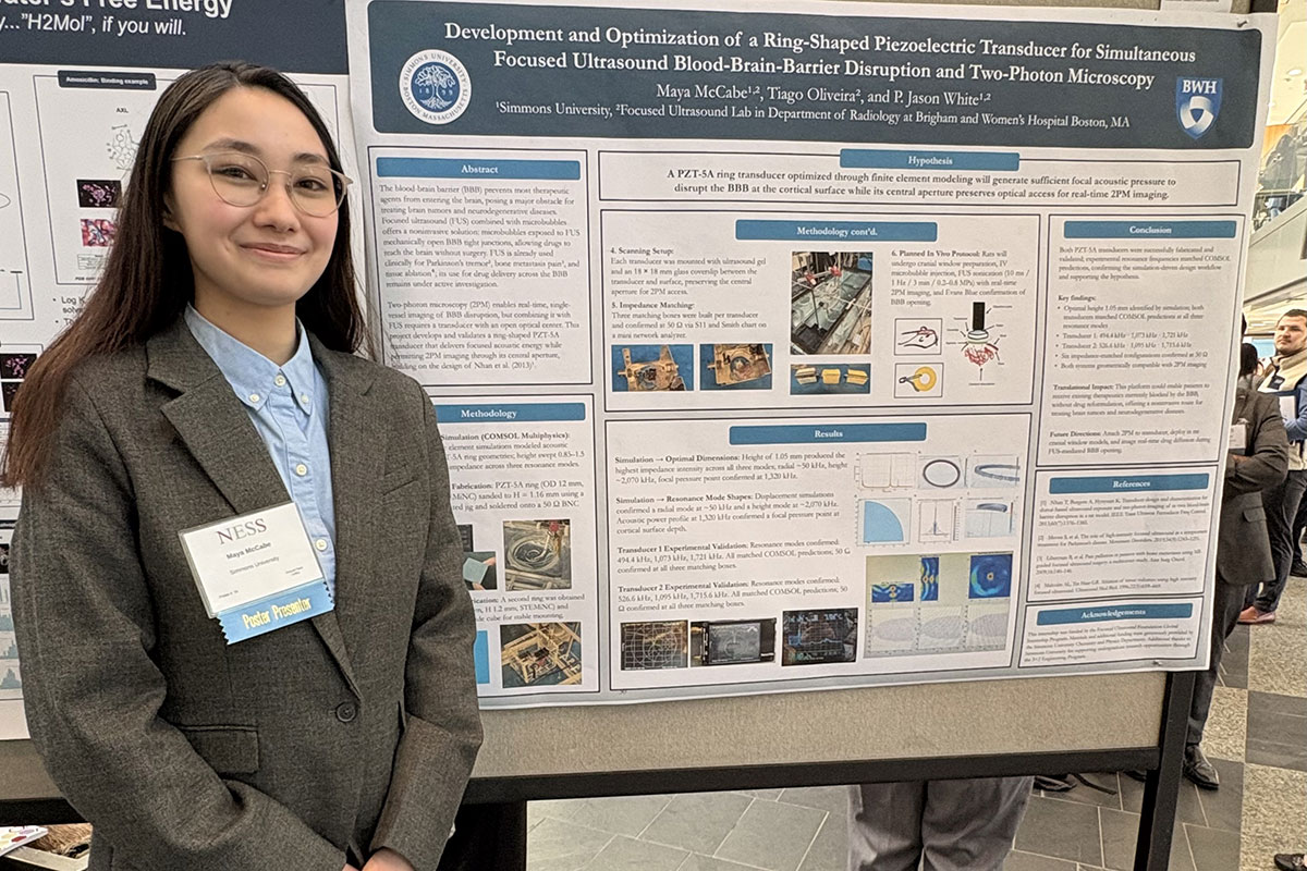 Maya McCabe '27 presents research at the New England Science Symposium, held at Harvard Medical School.