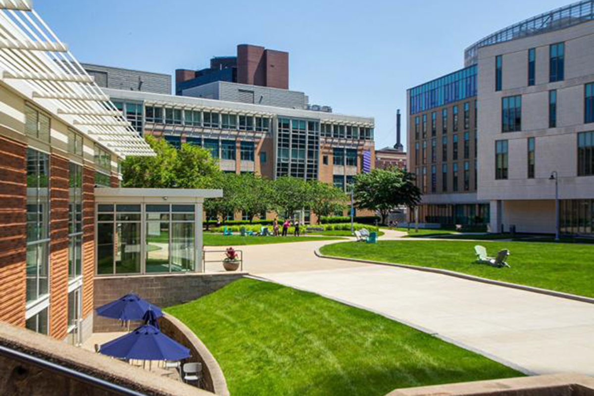 The Simmons University quad in summer