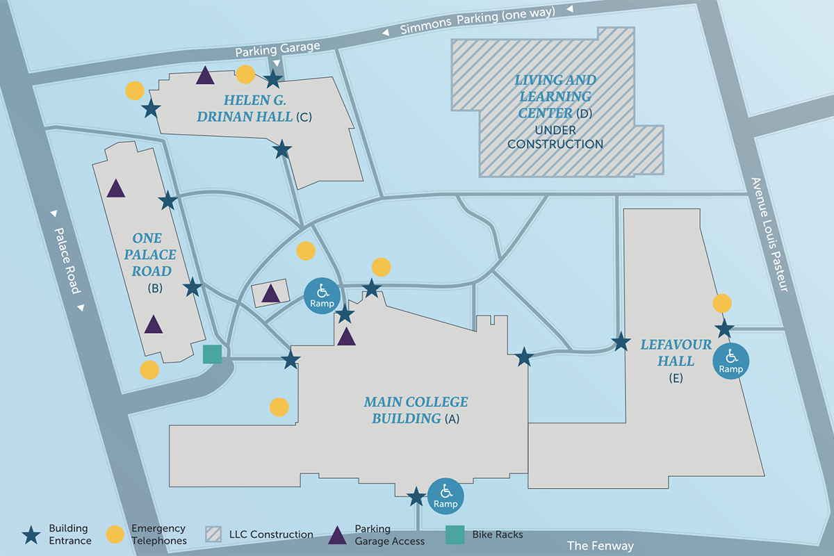 A screenshot of the illustrative map of the Simmons University campus