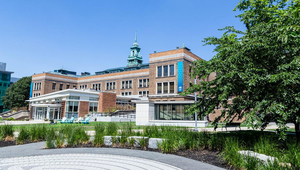 The main college building as seen from the labryinth in the academic quad.