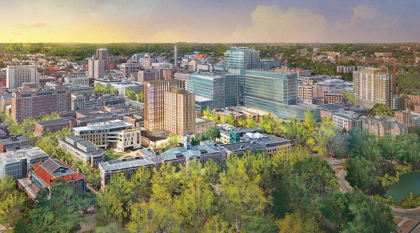 Artist rendering of an aerial view of the Simmons campus with the new Living and Learning Center