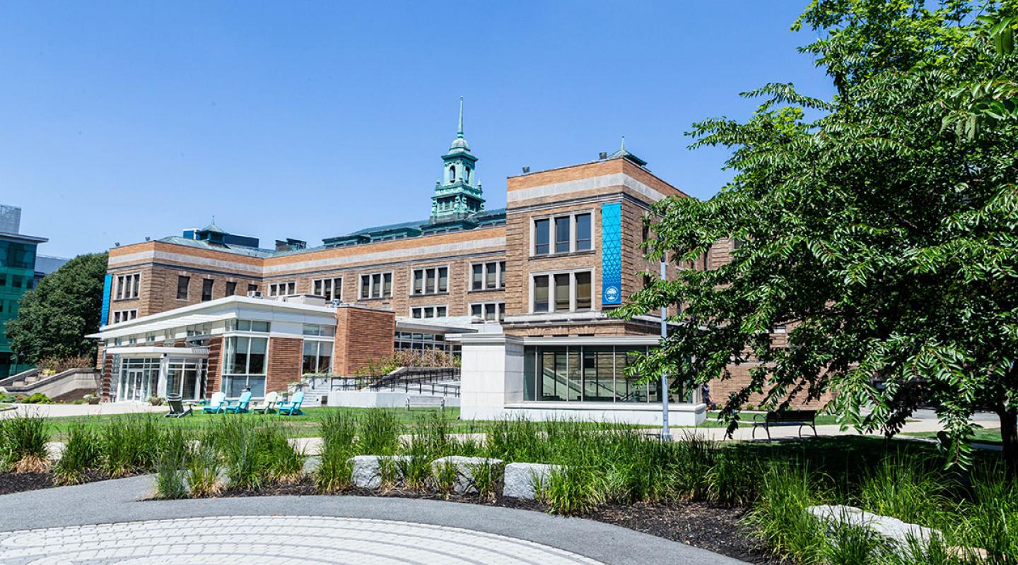 The main college building as seen from the labryinth in the academic quad.