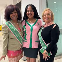 AKA Simmons sisters Jacqueline Jones '79, Gia Elie '24, and Ouida Woods '79 at the Epsilon Chapter Centennial, spring 2024.