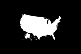 A silhouette map of the United States on a black background