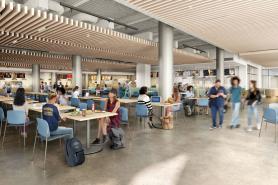 A rendering of students eating, studying, and moving through the Dining Hall within the new Living and Learning Center