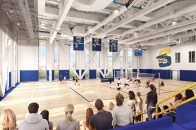 A rendering of students playing volleyball while fans look on from the bleachers in the gymnasium of the new Living and Learning Center
