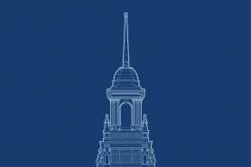 An outline of the Simmons cupola on a dark blue background