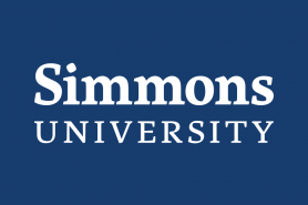 The Simmons University logo in white on a dark blue background