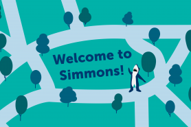 A graphic image of the Simmons Academic Campus sidewalks with Stormy waving and the words Welcome to Simmons in the center