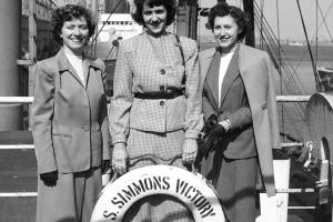 Pictured here are students posed on deck of the S. S. Simmons Victory ship at Commonwealth Pier, 1948