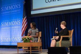 President Helen Drinan with Michelle Obama at the 2018 Simmons Leadership Conference.