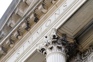 Close-up of "Simmons" etched into the Main College Building