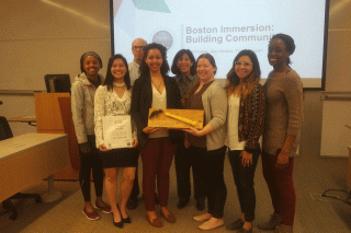 Azeb Freitas ’17, Alex Mireles ’17, and Trang Nguyen ’18 at their capstone presentation with Community Engagement staff.