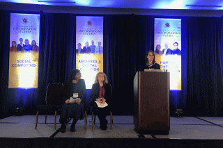Associate Professor Rong Tang, Elaine Martin, and SLIS Director Sanda Erdelez present RDMLA at the iConference, April 2019 in Washington, D.C.