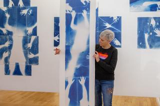 Edie Bresler at her solo exhibit at Gallery Kayafas.